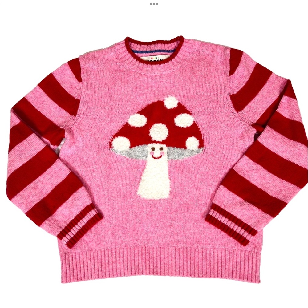 Mini Boden Girls Kids Sweater Crewneck Boucle Mushroom Toadstool Pink Red SZ 5-6